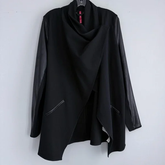 SPANX Faux Leather Sleeve Drape Front Jacket Black L Ponte Moto Blazer 50176R - Picture 7 of 16